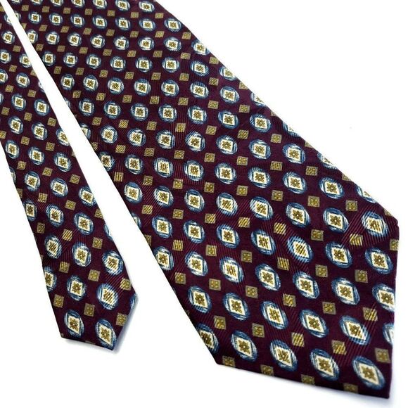 Burberry London Red Brown Beige Silk Tie Woven Short Geometric - Picture 1 of 7